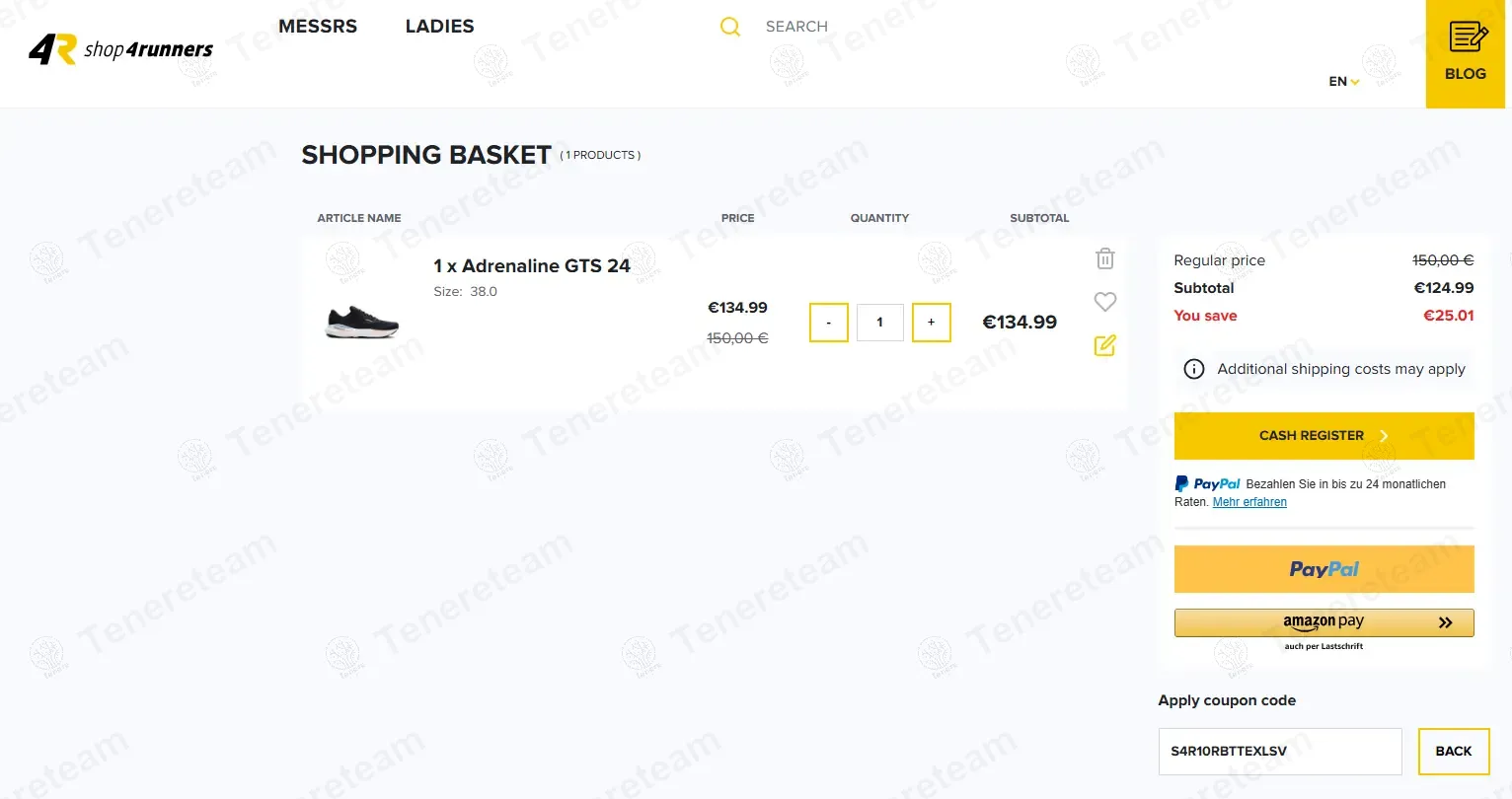 Shop4runners coupon code: ā¬10 off with S4R10RBTTEXLSV. Tested and valid as 1 year ago.