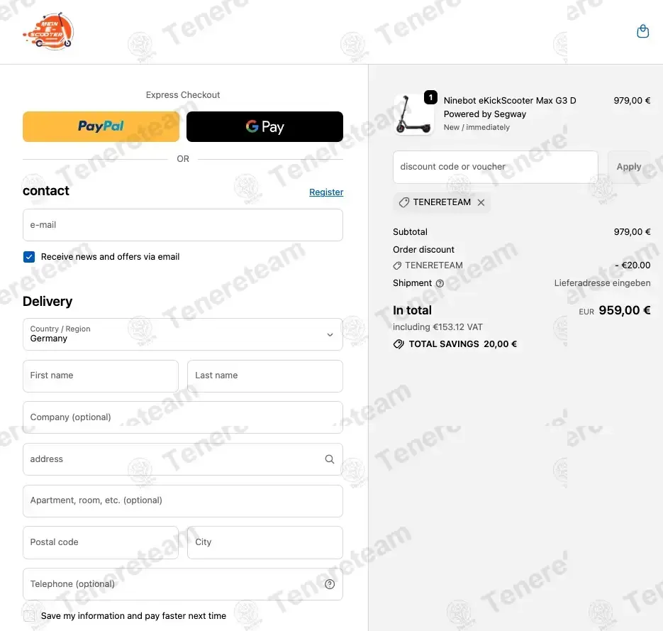 Mein Escooter coupon code: €20 off with TENERETEAM. Tested and valid as 3 months ago.