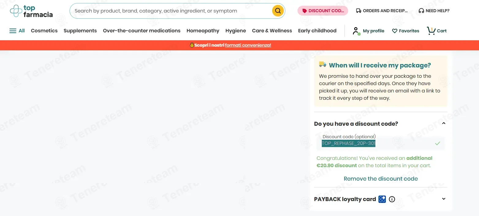 Top Farmacia IT coupon code: 20% off with TOP_REPHASE_20P-301. Tested and valid as 3 weeks ago.