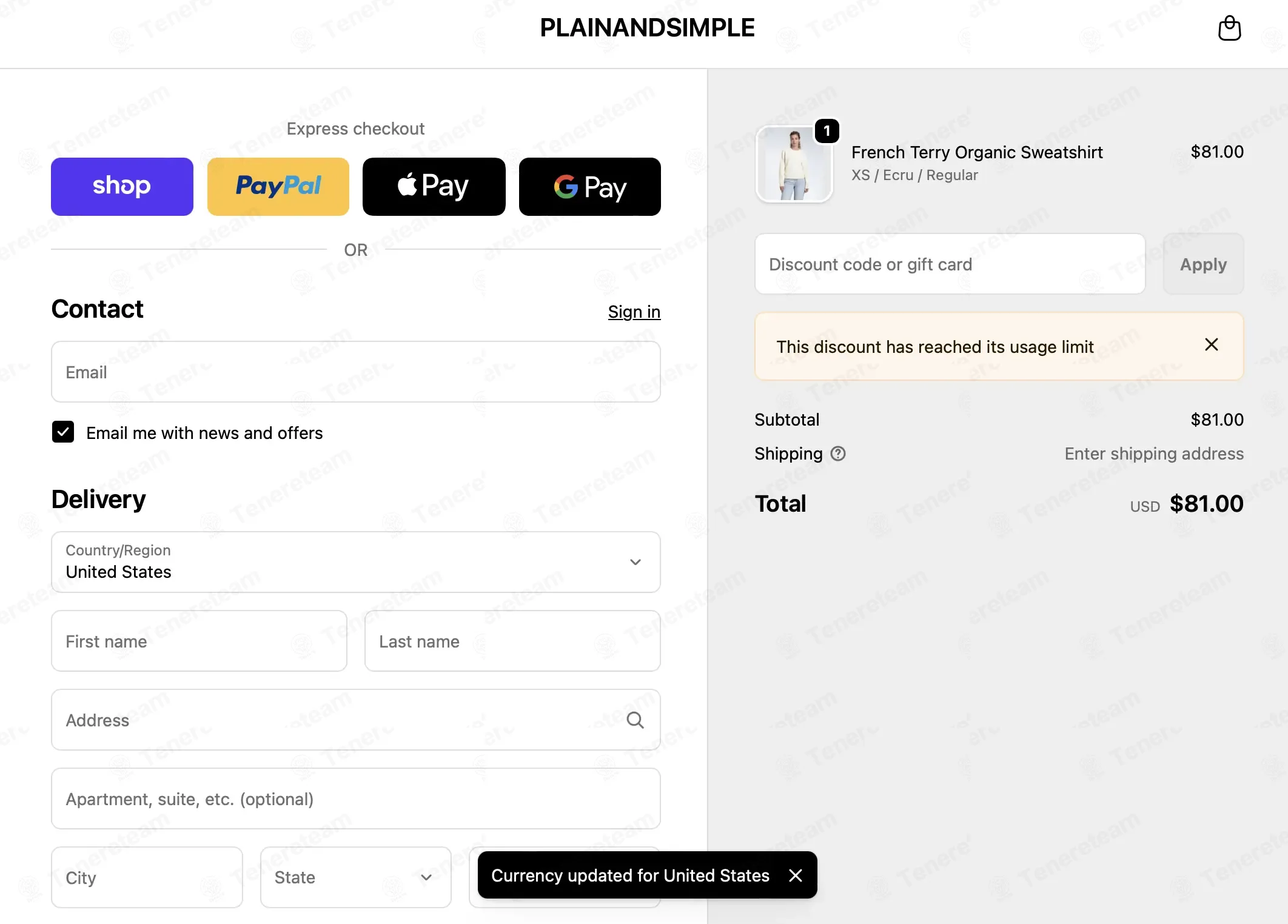 Plainandsimple coupon code: 10% off with WELCOME10CMG87RFD. Tested and valid as 4 months ago.