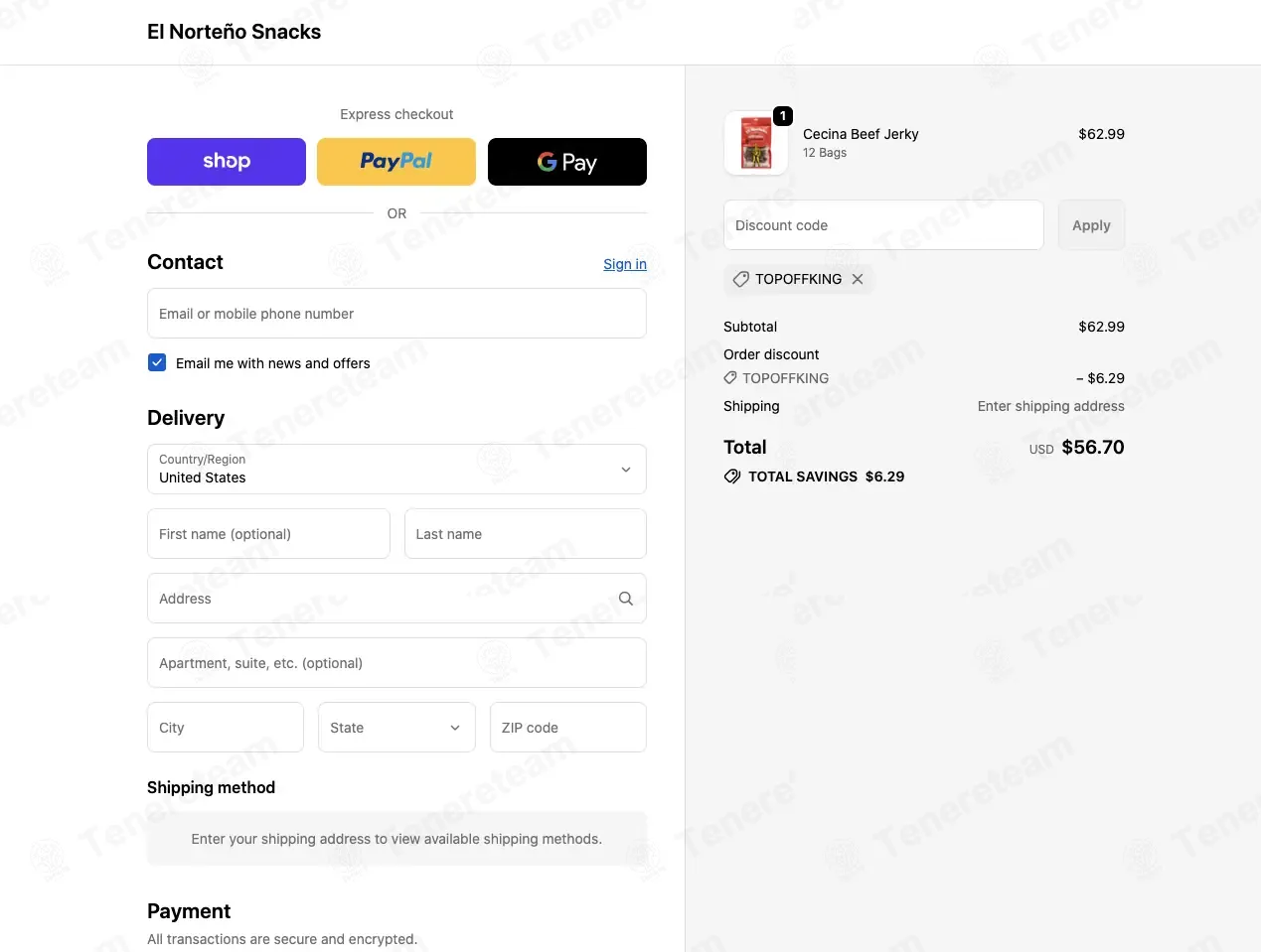 El Norteno Snacks coupon code: 10% off with TOPOFFKING. Tested and valid as 3 weeks ago.