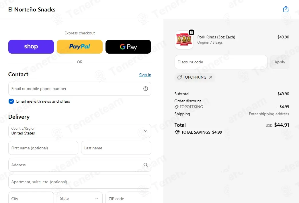 El Norteno Snacks coupon code: 10% off with TOPOFFKING. Tested and valid as 3 weeks ago.