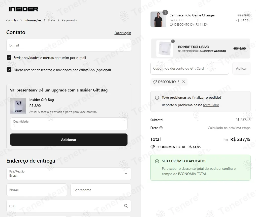 Insider Store BR coupon code: 15% off with DESCONTO15. Tested and valid as 9 months ago.