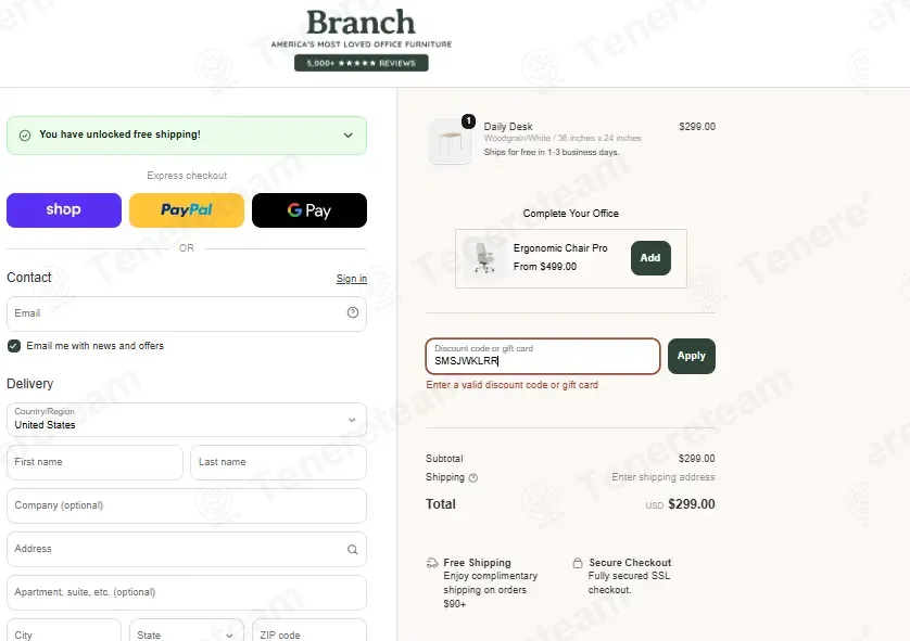 Branch Furniture coupon code: $10 off with SMSJWKLRR. Tested and valid as 1 week ago.
