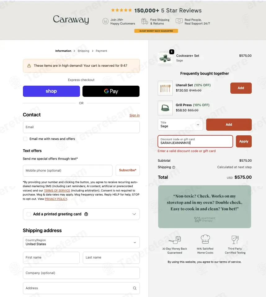 Caraway Home coupon code: 10% off with SARAHJEANNNN10. Tested and valid as 1 month ago.