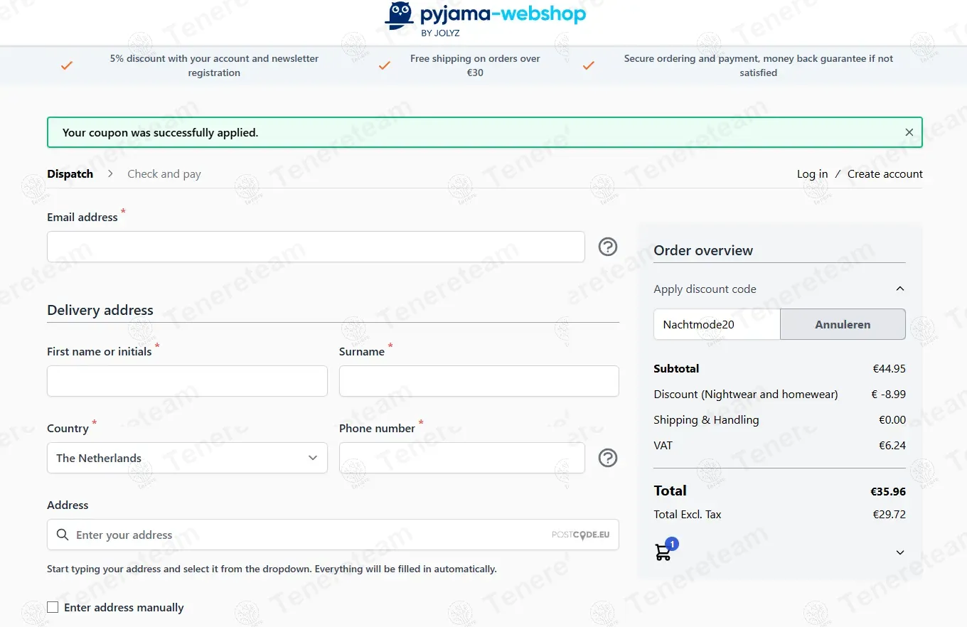 Pyjama-webshop NL coupon code: 20% off with Nachtmode20. Tested and valid as 10 months ago.
