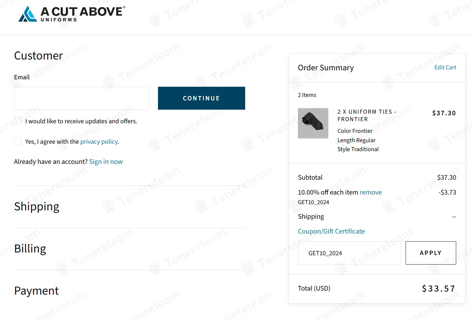 A Cut Above Uniforms coupon code: 10% off with GET10_2024. Tested and valid as 11 months ago.