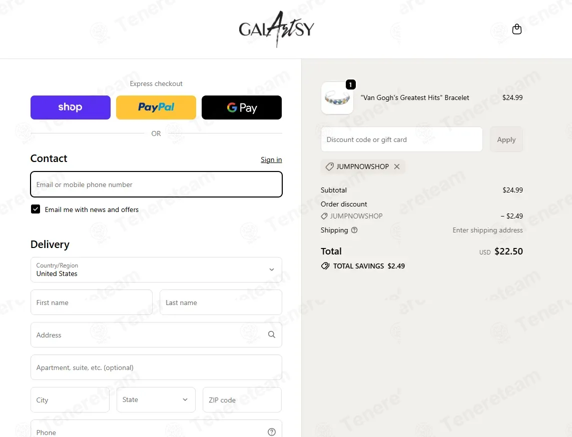 Galartsy coupon code: 10% off with JUMPNOWSHOP. Tested and valid as 1 week ago.