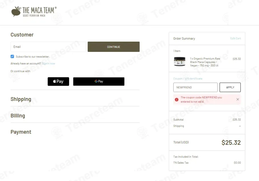 The Maca Team coupon code: 10% off with NEWFRIEND. Tested and valid as 5 days ago.