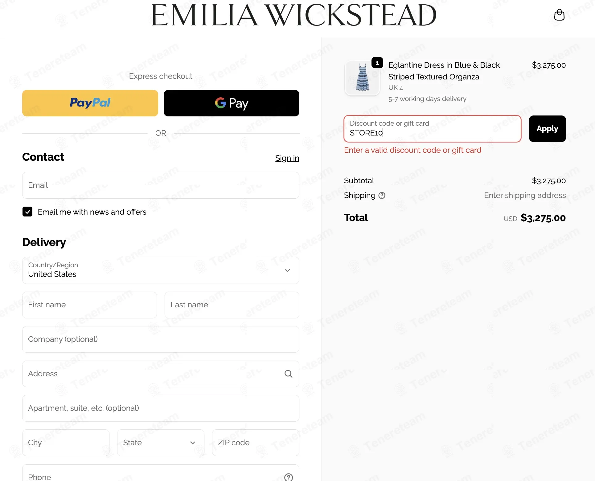 Emilia Wickstead coupon code: 10% off with STORE10. Tested and valid as 18 hours ago.