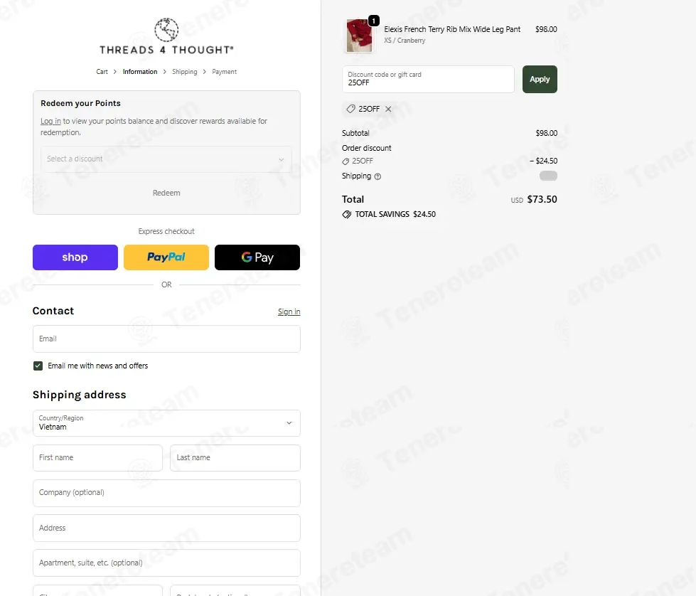 Threads 4 Thought coupon code: 25% off with 25OFF. Tested and valid as 1 month ago.