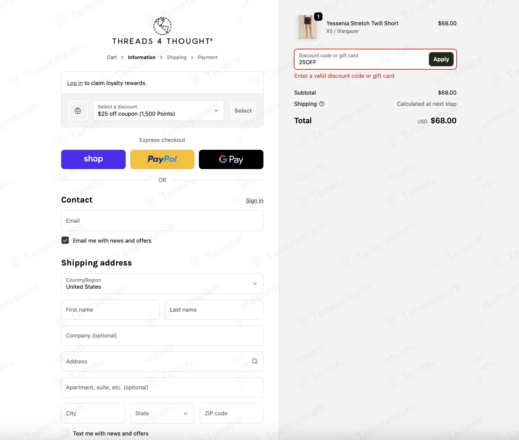 Threads 4 Thought coupon code: 25% off with 25OFF. Tested and valid as 1 month ago.