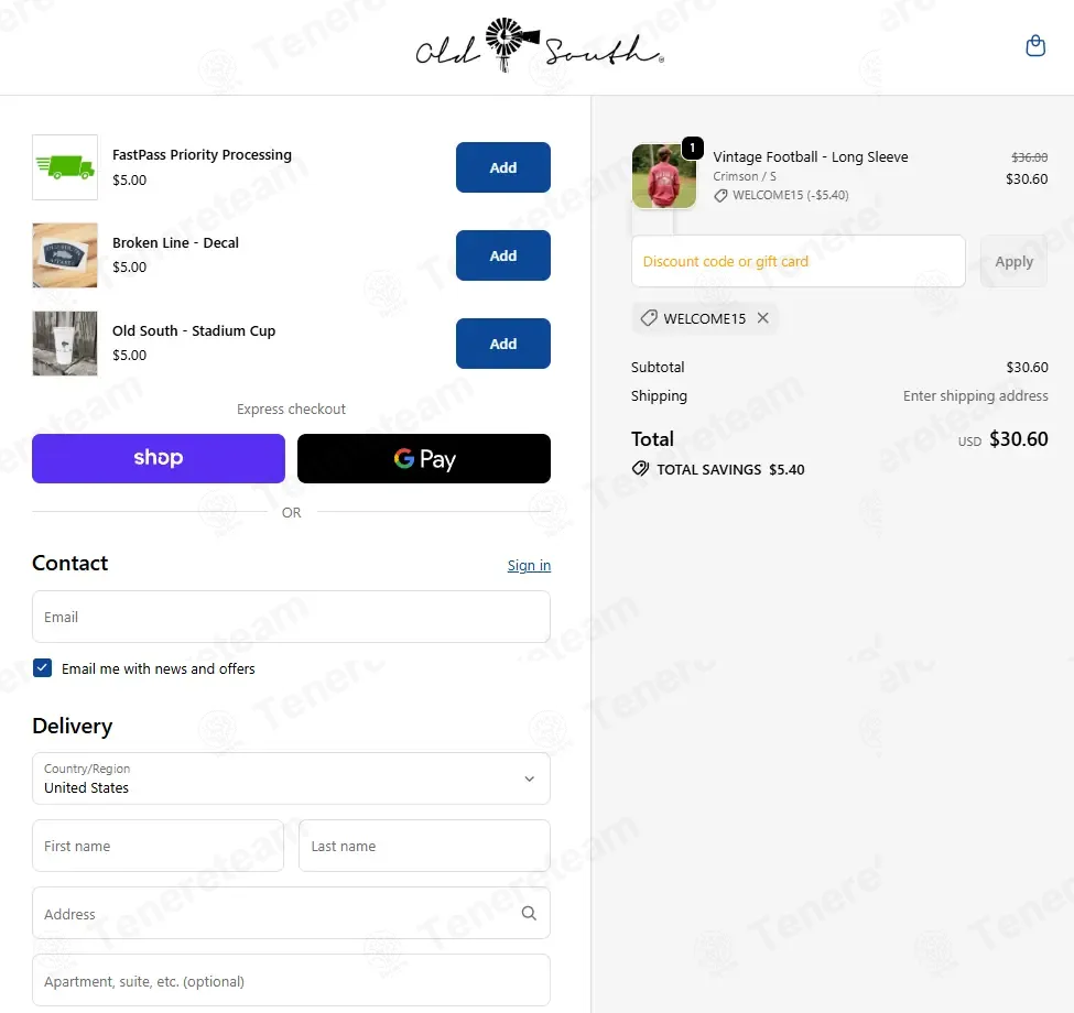 Old South Apparel coupon code: 15% off with WELCOME15. Tested and valid as 10 months ago.