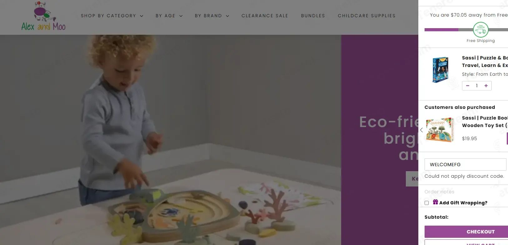 Alex and Moo coupon code: Sale off with WELCOMEFG. Tested and valid as 8 months ago.