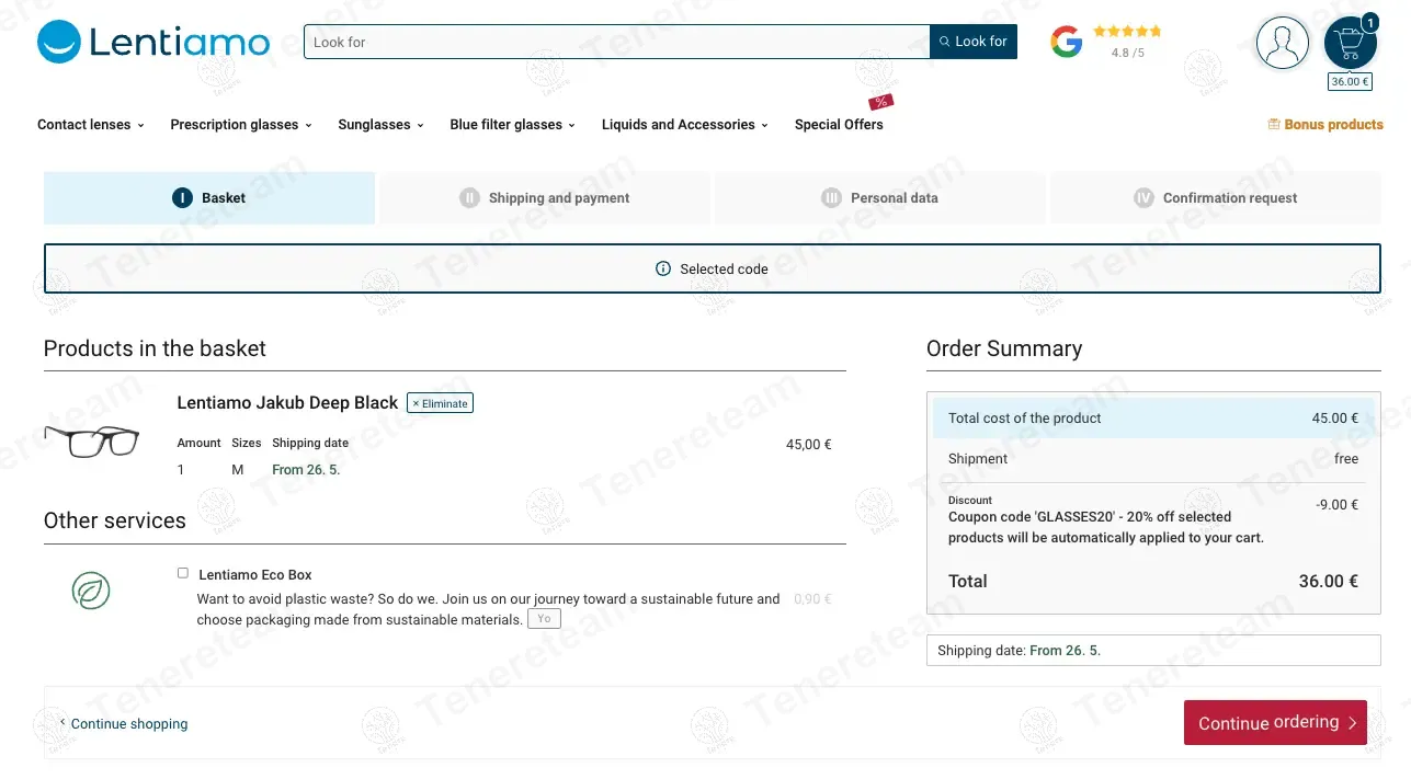 Lentiamo ES coupon code: 20% off with GLASSES20. Tested and valid as 11 months ago.