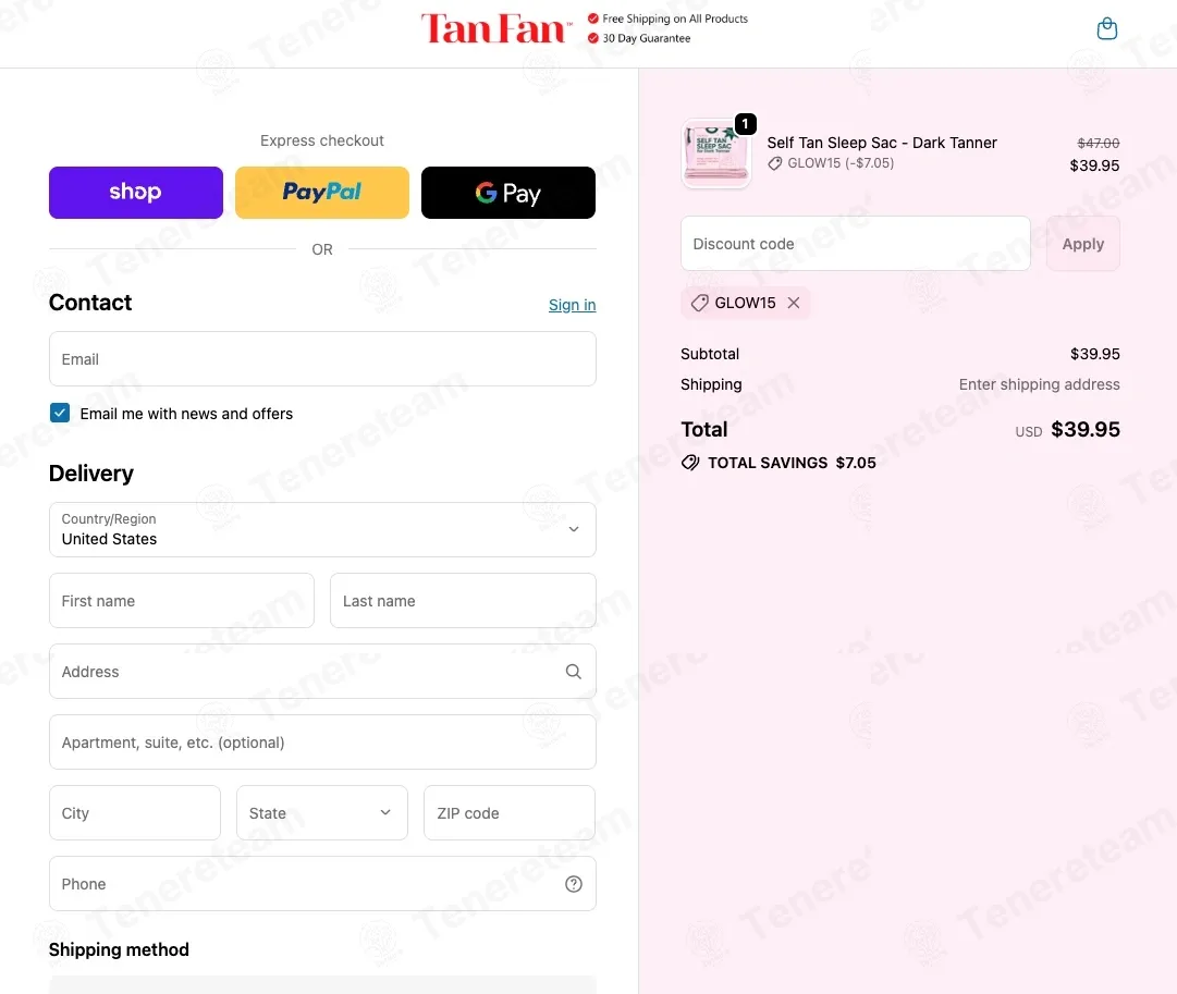 Tan Fan coupon code: 15% off with GLOW15. Tested and valid as 1 month ago.