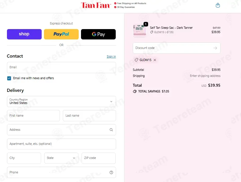 Tan Fan coupon code: 15% off with GLOW15. Tested and valid as 1 month ago.