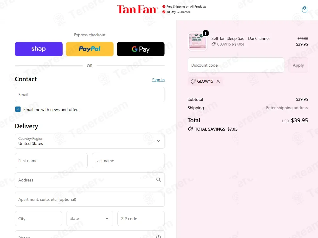 Tan Fan coupon code: 15% off with GLOW15. Tested and valid as 1 month ago.