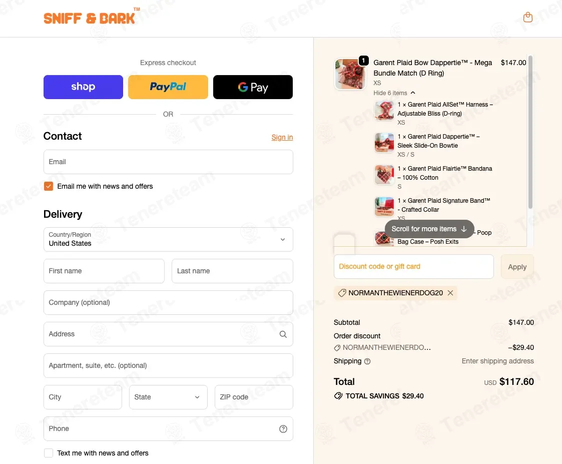 Sniff and Bark coupon code: 20% off with NORMANTHEWIENERDOG20. Tested and valid as 3 weeks ago.
