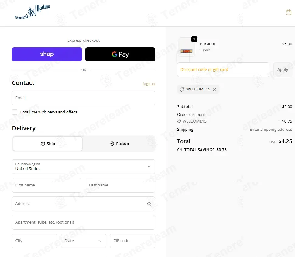 Pastificio Di Martino USA coupon code: 15% off with WELCOME15. Tested and valid as 1 month ago.