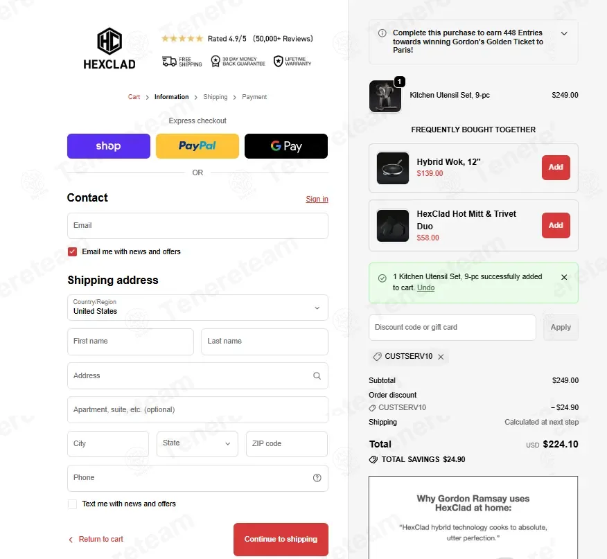 HexClad coupon code: 10% off with CUSTSERV10. Tested and valid as 7 months ago.