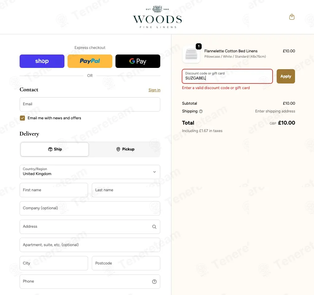 Woods Fine Linens coupon code: 30% off with SUZGABEL. Tested and valid as 2 months ago.