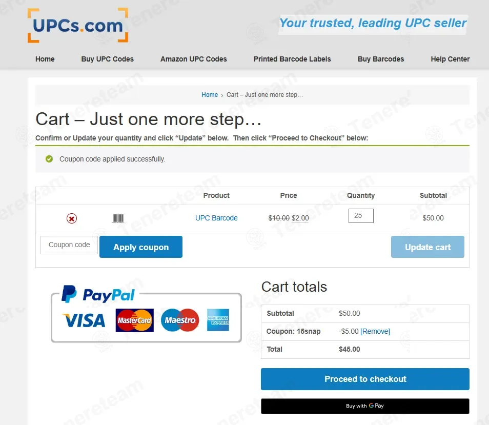 UPCs.com coupon code: 10% off with 15SNAP. Tested and valid as 4 weeks ago.