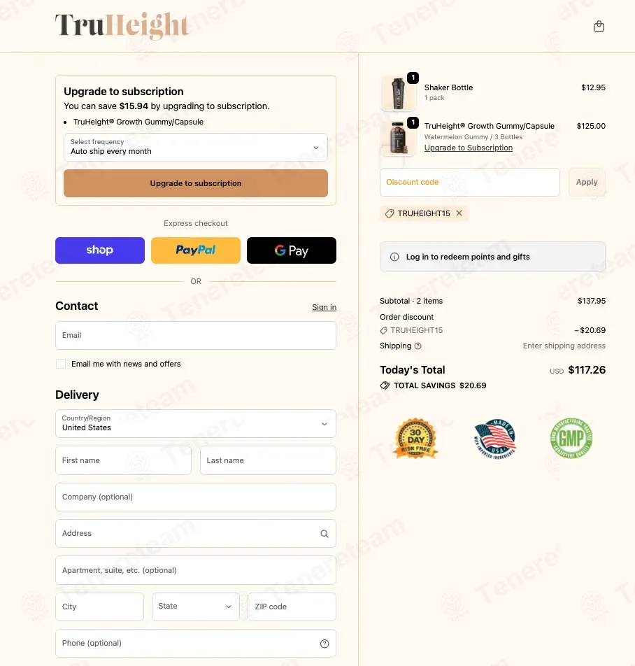 TruHeight Vitamins coupon code: 15% off with TRUHEIGHT15. Tested and valid as 2 weeks ago.