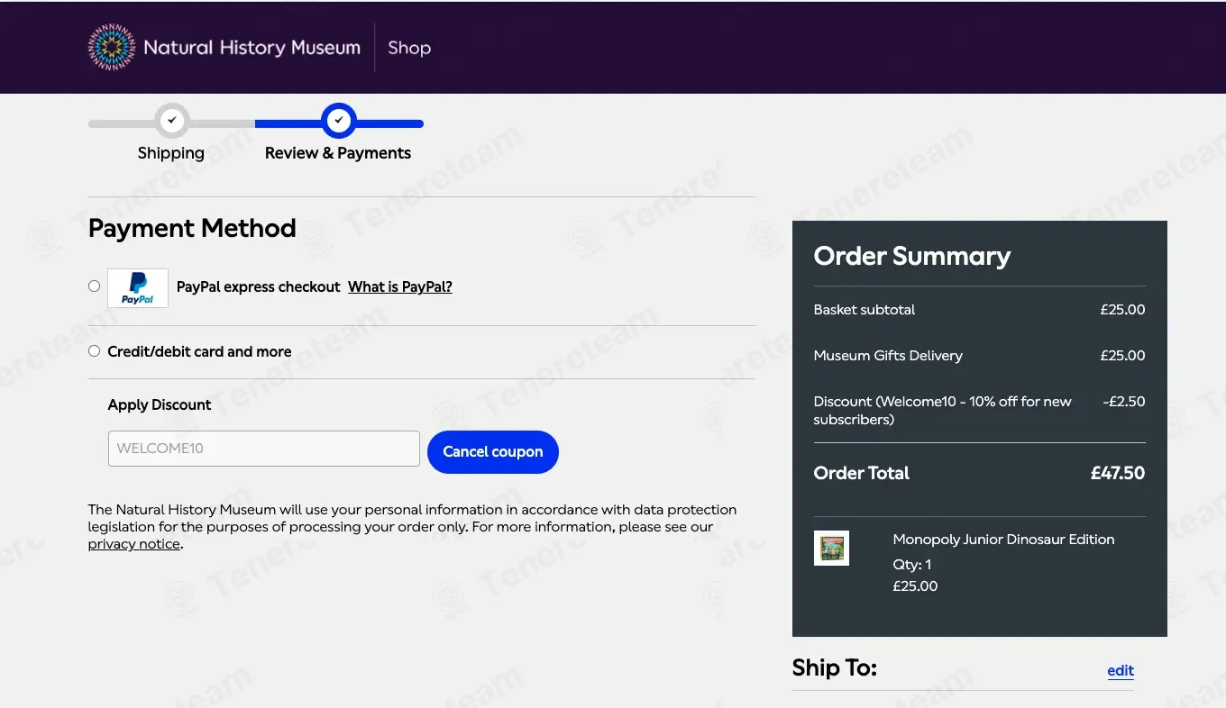 Natural History Museum coupon code: 10% off with WELCOME10. Tested and valid as 5 days ago.