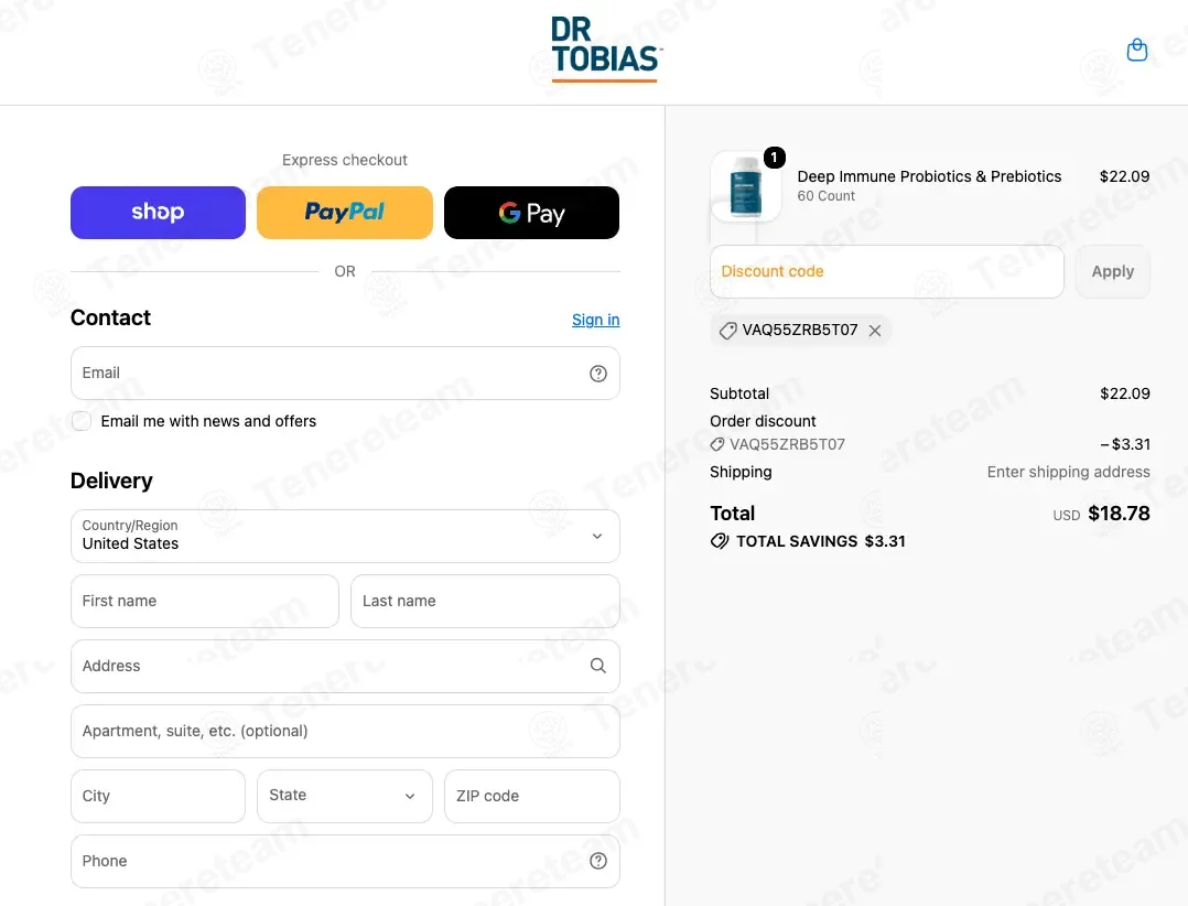 Dr. Tobias coupon code: 15% off with VAQ55ZRB5T07. Tested and valid as 1 month ago.