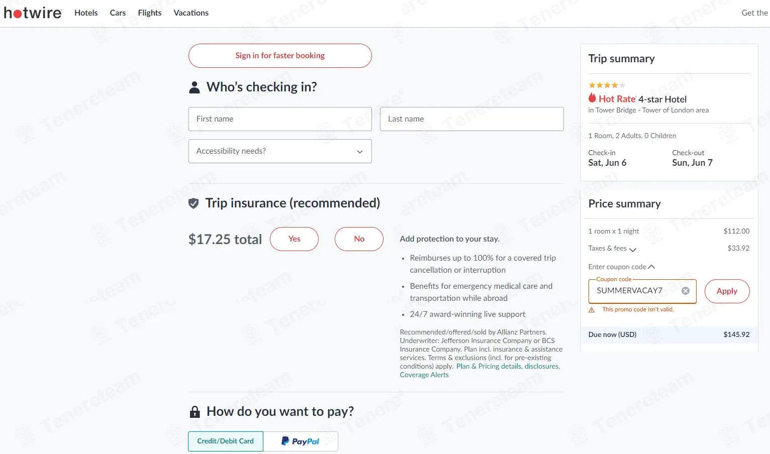 Hotwire coupon code: 60% off with SUMMERVACAY7. Tested and valid as 4 weeks ago.