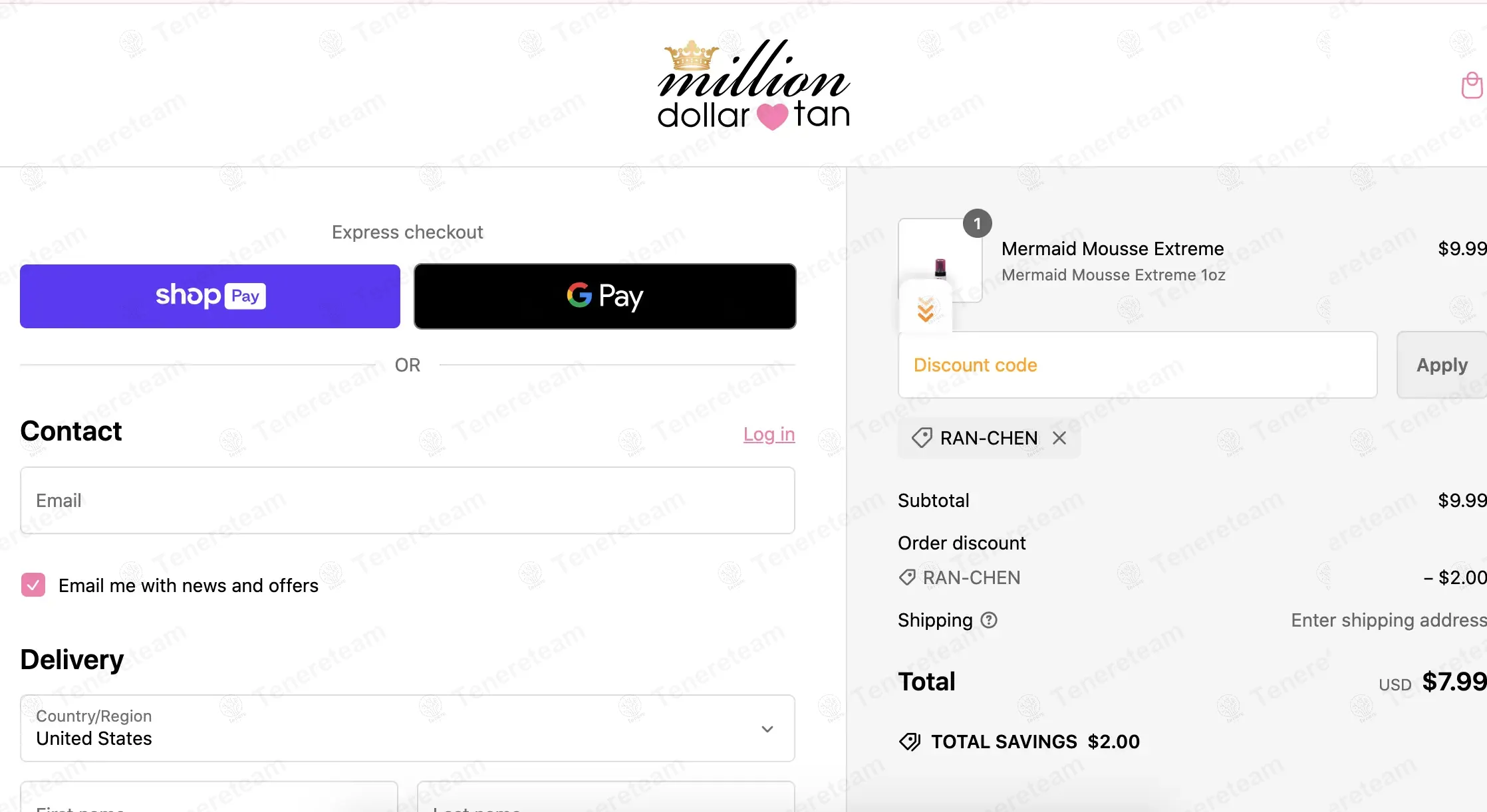 Million Dollar Tan coupon code: 20% off with RAN-CHEN. Tested and valid as 9 months ago.
