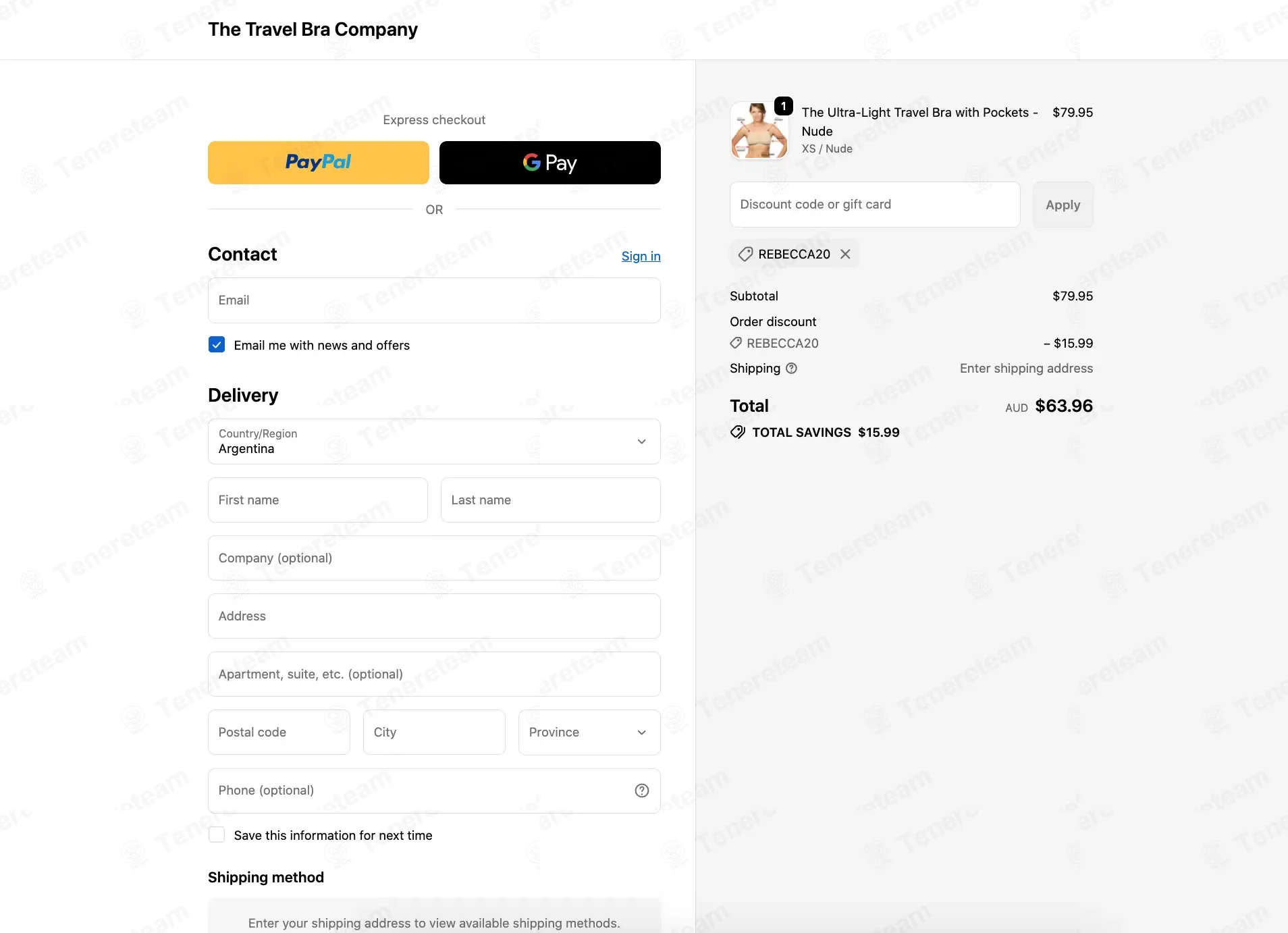 The Travel Bra coupon code: 20% off with REBECCA20. Tested and valid as 4 weeks ago.