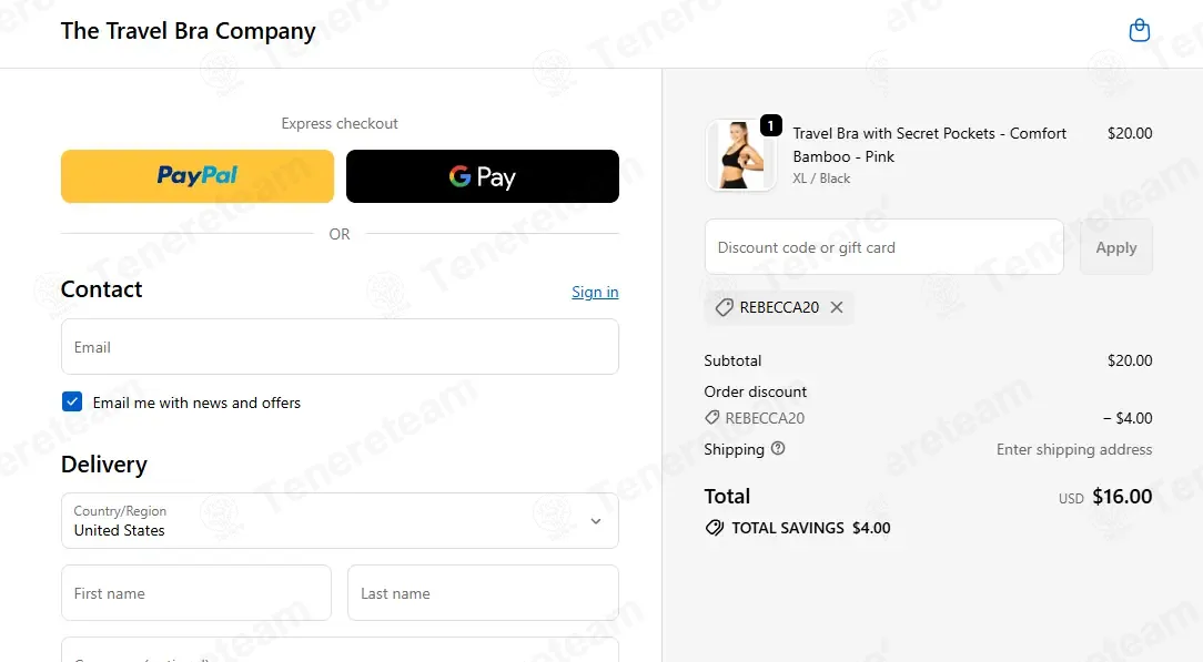 The Travel Bra coupon code: 20% off with REBECCA20. Tested and valid as 4 weeks ago.