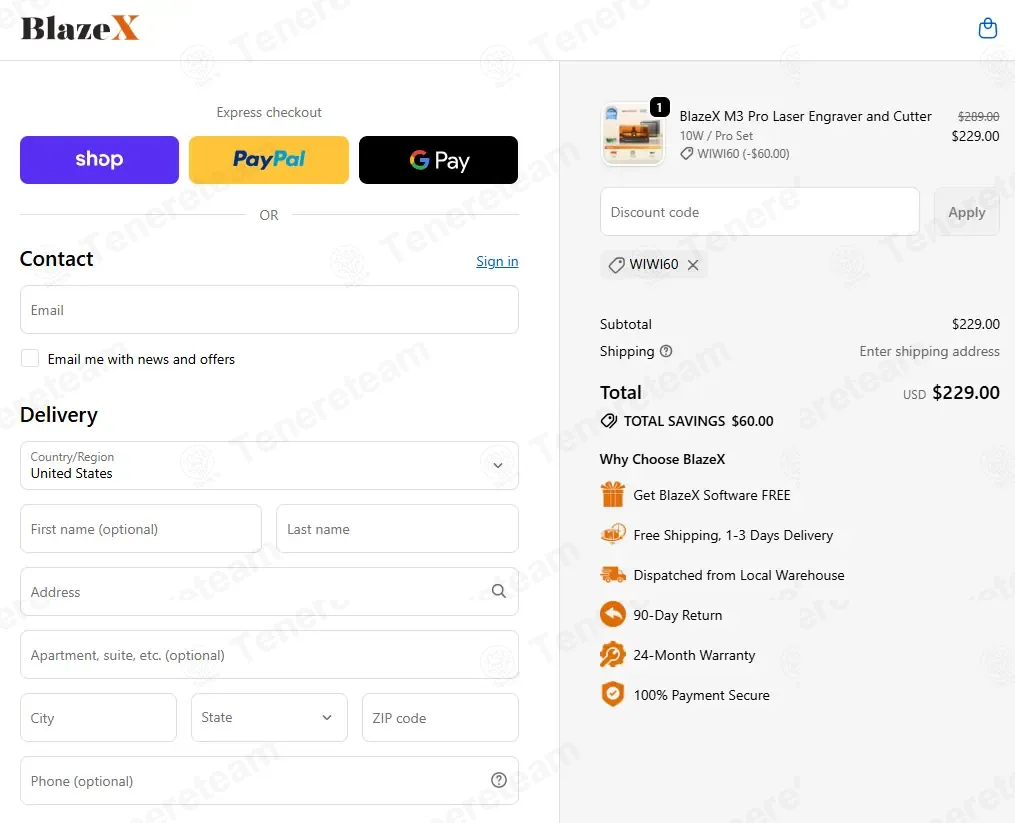 Blazex Laser coupon code: $60 off with WIWI60. Tested and valid as 1 month ago.