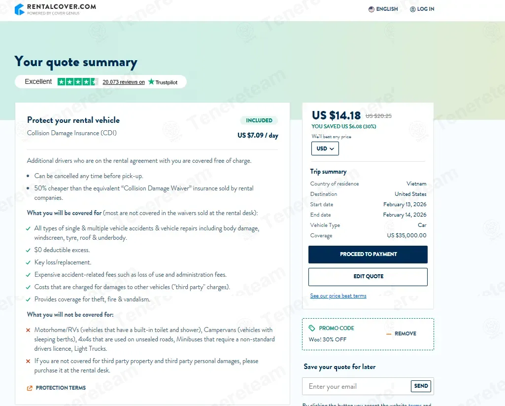 RentalCover coupon code: 30% off with student-discount. Tested and valid as 2 weeks ago.