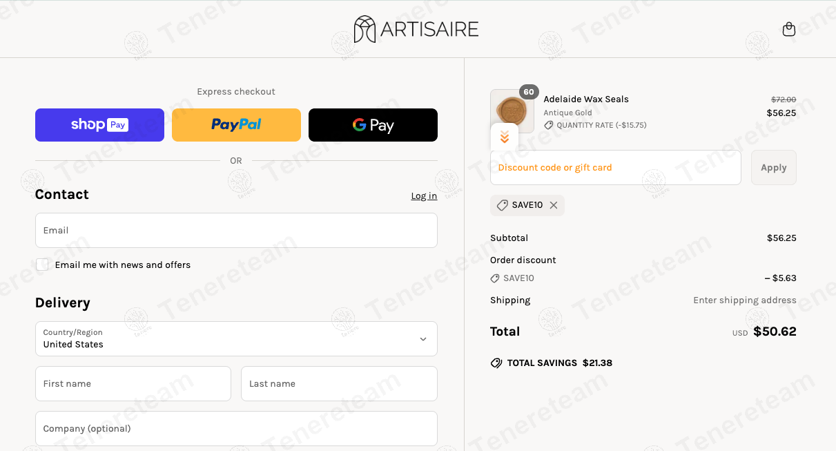 Artisaire coupon code: 10% off with SAVE10. Tested and valid as 8 months ago.
