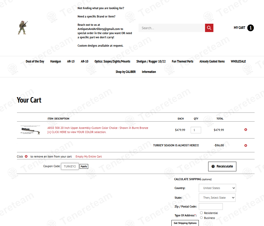 Antiques And Artillery coupon code: 20% off with TURKEY20. Tested and valid as 1 year ago.