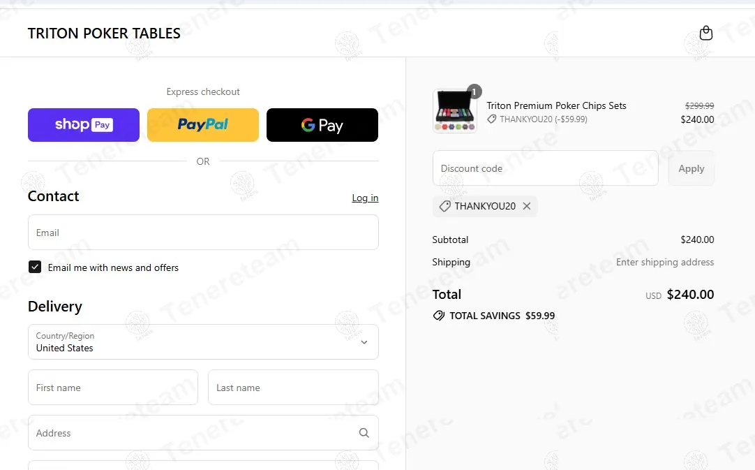 Triton Poker Tables coupon code: 20% off with THANKYOU20. Tested and valid as 9 months ago.