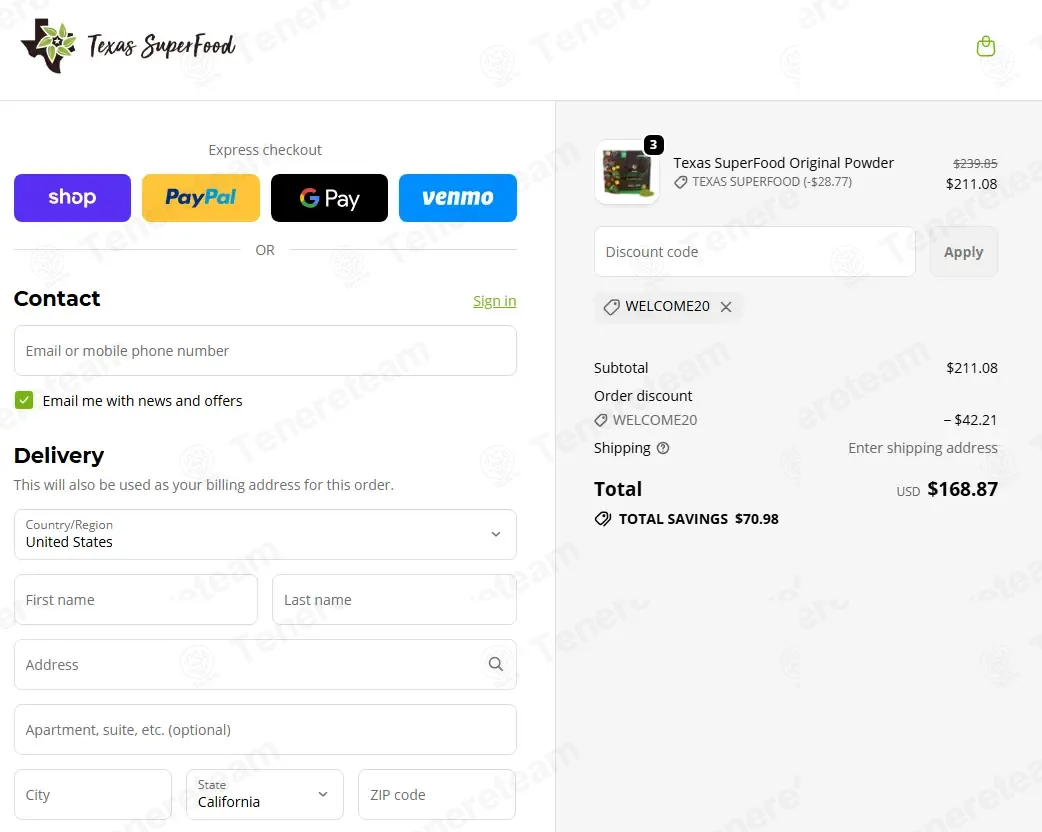 Texas Superfood coupon code: 20% off with WELCOME20. Tested and valid as 6 days ago.