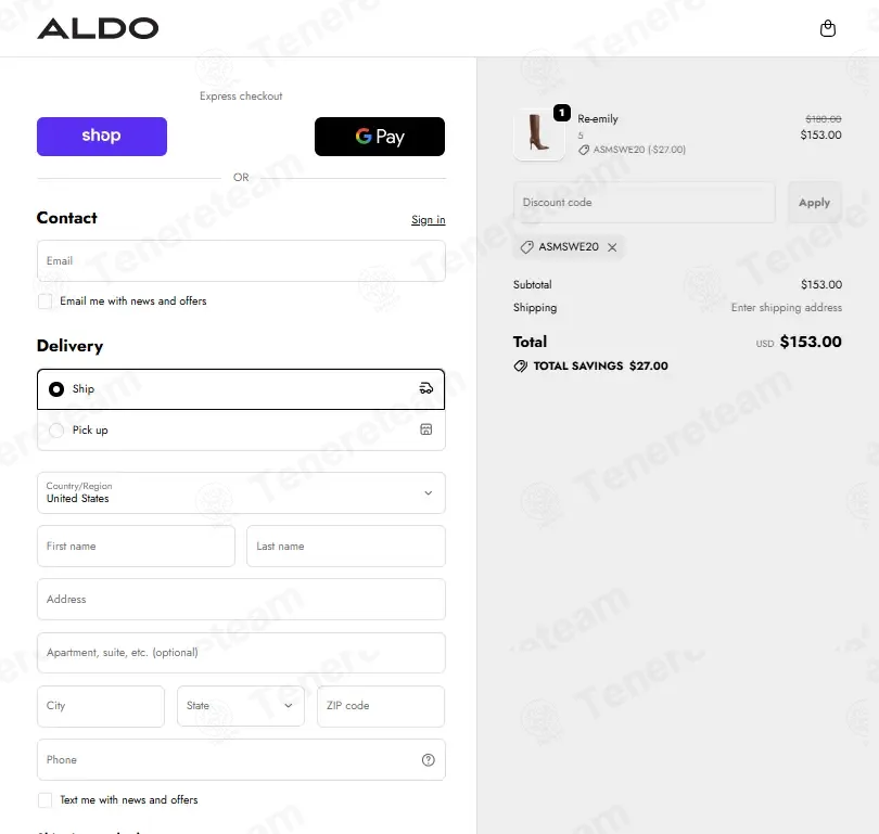 Aldo coupon code: 20% off with ASMSWE20. Tested and valid as 1 week ago.