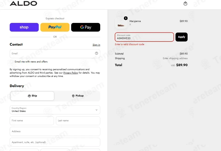 Aldo coupon code: 20% off with ASMSWE20. Tested and valid as 1 week ago.