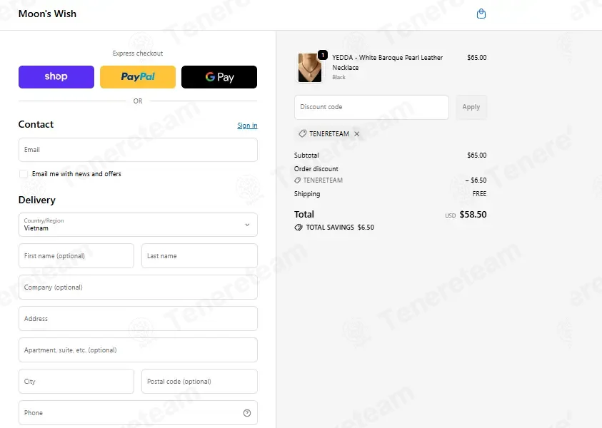 Moons Wish Jewelry coupon code: 10% off with TENERETEAM. Tested and valid as 1 week ago.