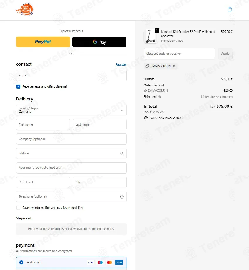 Mein Escooter coupon code: €20 off with EMMACORRIN. Tested and valid as 1 month ago.