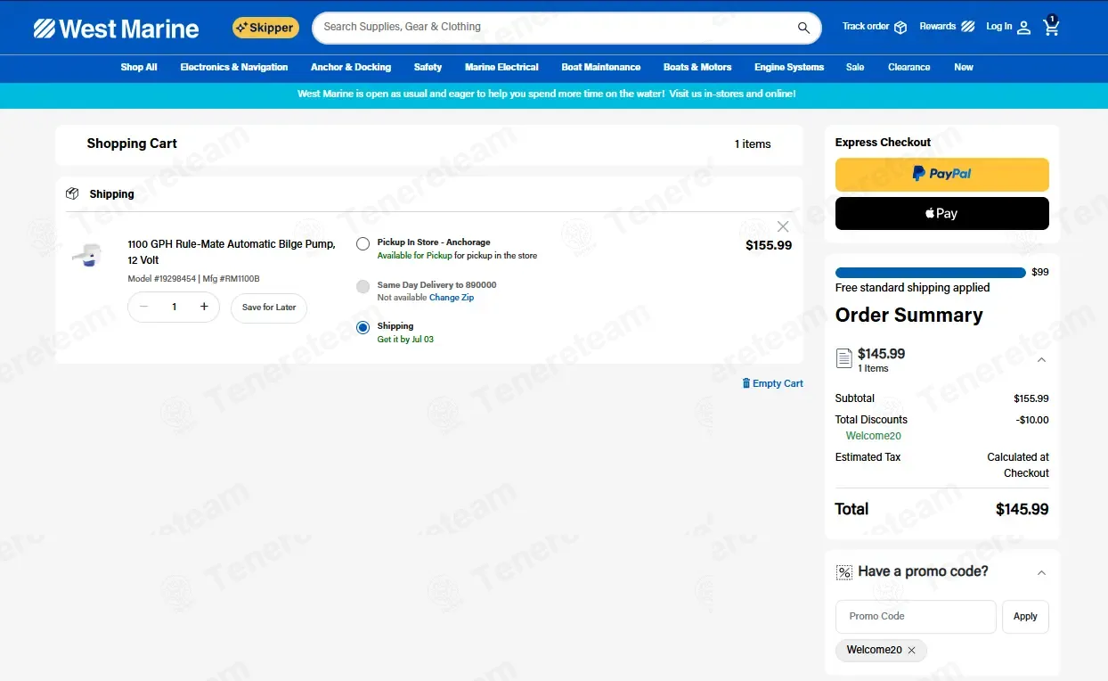 West Marine coupon code: $10 off with Welcome20. Tested and valid as 15 hours ago.