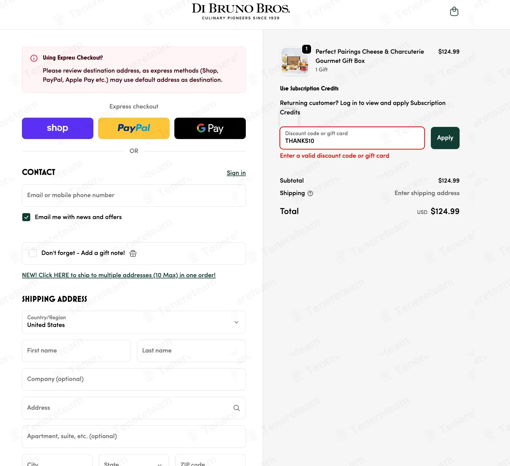 Di Bruno Bros coupon code: 10% off with THANKS10. Tested and valid as 3 days ago.