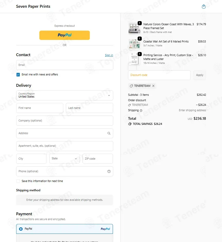 Seven Paper Prints coupon code: 10% off with TENERETEAM. Tested and valid as 2 weeks ago.
