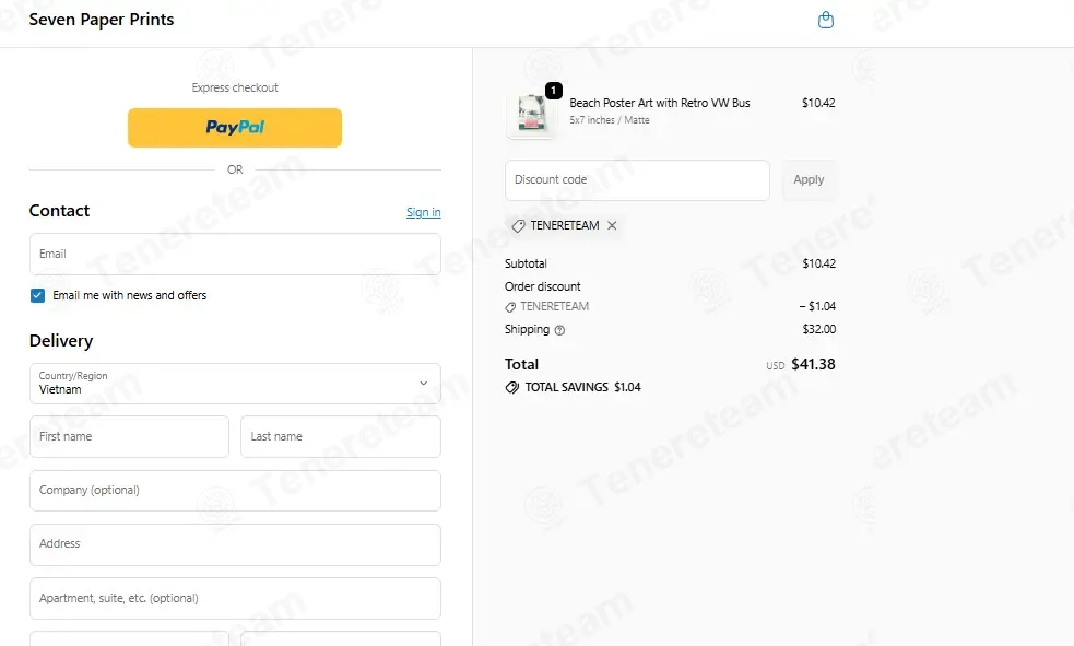 Seven Paper Prints coupon code: 10% off with TENERETEAM. Tested and valid as 2 weeks ago.
