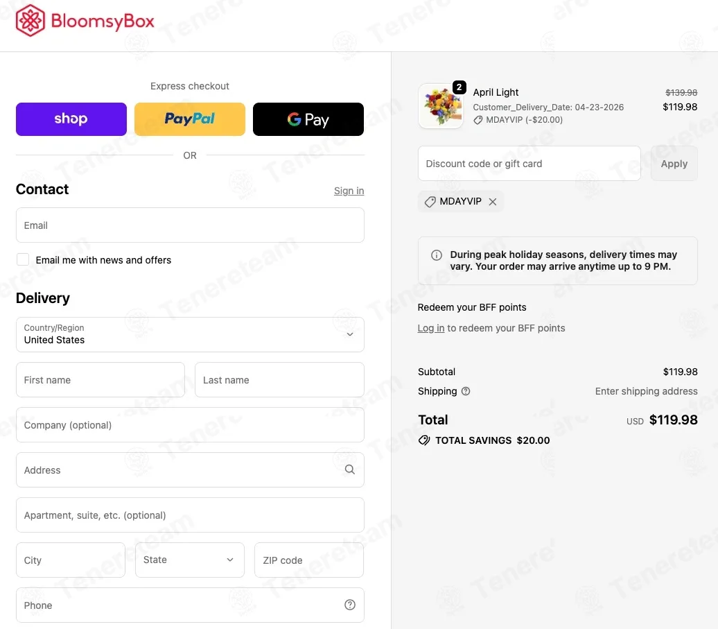 bloomsybox coupon code: $20 off with MDAYVIP. Tested and valid as 1 month ago.