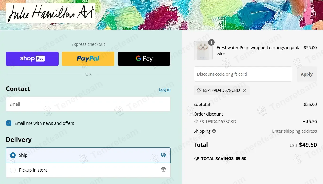 Julie Hamilton Art coupon code: 10% off with ES-1F9D4D678CBD. Tested and valid as 1 year ago.